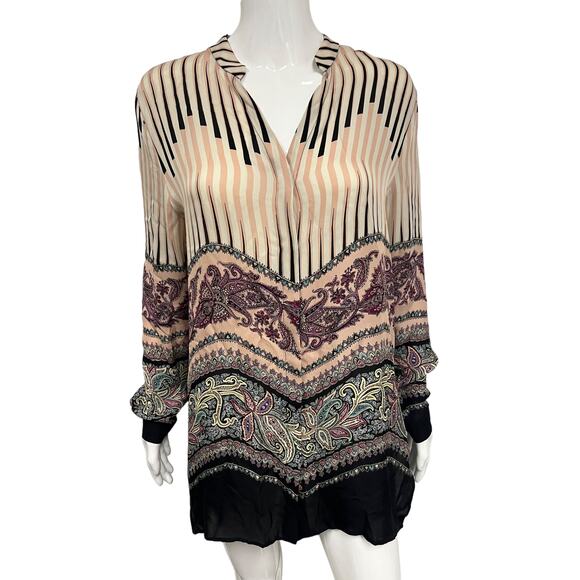 Etro Tops - ETRO Beige Silk Multicolor Paisley Print V-neck Collared Long Sleeve Top 44 US 8